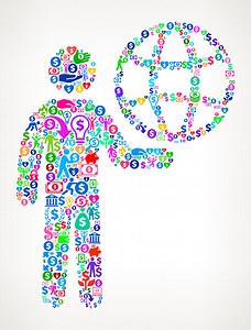 Stick Figure Carrying Globe Money Vector Icon Pattern. The main...