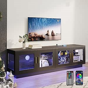 wonline 71 Inch TV Stand Modern Entertainment Center with LED Light, Glass Doors and Adjustable Storage Shelves Media Console TV Cabinet for Living Room Bedroom-Black