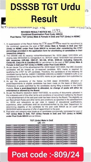 REVISED RESULT NOTICE NO. 1592 Post Code: 809/24 Post Name- TGT (Urdu) Male & Female in DoE and NDMC