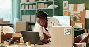 Man, typing and tablet in warehouse for order with invoice, verify shipping information or box distribution. Logistics, employee and ecommerce with inventory check, supply chain and package pricing