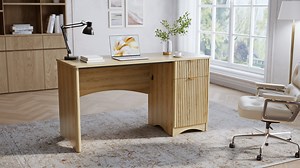 Bestier 47" Computer Desk with Drawer, Modern Home Office Desk with Storage Cabinet, Fluted PC Study Writing Desk for Small Spaces, Oak