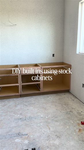 When you hear the term stock cabinets, you don’t think of a custom built in, but they definitely can be! I took 4 stock base cabinets and 2 bookcases and turned it into the office built ins of my dreams #builtins #stockcabinets #diy Stock cabinets | built ins | from stock to custom | office built ins | diy | bookcase |