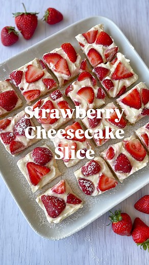 This Strawberry Cheesecake Slice is incredibly easy to make. The hardest part is having the will power to leave it while it sets! A beautiful sweet treat to make at any time during strawberry season 🍓 Here’s the recipe 👩🏼‍🍳 ✨ Strawberry Cheesecake Slice ✨ Ingredients: * 250g packet plain biscuits * 100g butter, melted TOPPING * 250g thickened cream - see notes * 250g cream cheese, softened * 2 Tbsp caster sugar * 1 tsp lemon zest * 2 Tbsp strawberry jam * 250g strawberries Method: 1. Line th