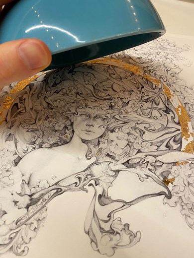 Art of Timothy Von Rueden (vonn) on Instagram: "The Bowl Trick plus a Small Gold Leafing Tip ✨ #art #drawing #pencil #goldleaf #originalart"