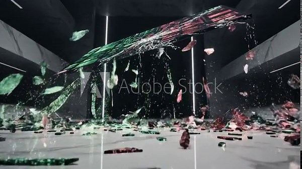 Digital screen shattering in a dark abstract architectural space with falling fragments and debris motion graphics display data