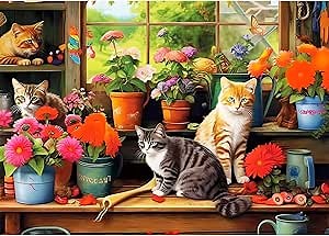 500 Piece Puzzle for Adults-Cats and Flowers | Recycled Cardboar Jigsaw Puzzles 500 Pieces | Challenging Family Activity Great Gift Idea for Family Friends | Difficult Puzzles Size 20.5 x 15 inches