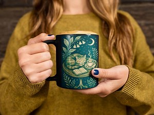 Cozy Cat Mug, Witchy Book Lover Gift, Black Ceramic Coffee Mug With Sleeping Cat, Moon and Stars, Mystical Tea Mug for Readers and Cat Moms - Etsy