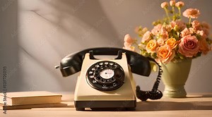 Vintage Decoration Set of Classic Rotary Telephone Shelf Over Beige Wall with Flowers in Vase