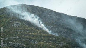 Smoke from a wild fire on a mountain, in the South African Fynbos biome, bellowing into the air