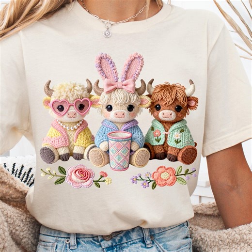 Highland Cow PNG, Easter Bunny Faux Yarn Amigurumi Digital, Cute Pastel Spring Shirt Design, Faux Pearls, Sublimation, DTF, UVDTF, Junk - Etsy