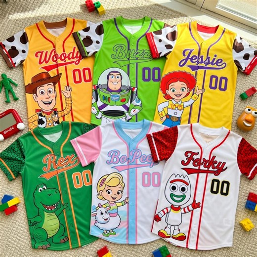 Toy Story Baseball Jerseys - Woody Buzz Jessie Rex Bo Peep Forky Pixar Apparel