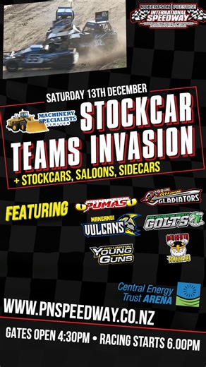 It’s time, this Saturday night for the Metal Crunching Stockcar Teams Racing to take to the track at the Robertson Prestige International Speedway for the Machinery Specialists Stockcar Teams Invasion! One of the best Stockcar Teams Racing nights this season on the calendar. Stockcar Teams from around the North Island descend on Robertson Prestige International Speedway for one night of metal crunching, stockcar teams racing. Racing for pride of their region with grit and determination, it will 