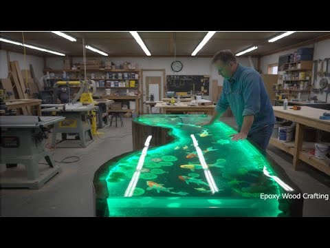 Koi Fish on Epoxy-Talented Carpenter Turns Rotten Wood into Artistic Koi Fish Table with Epoxy Resin