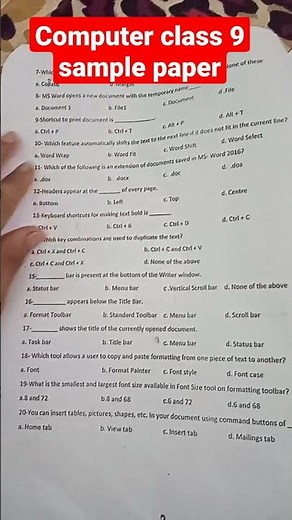 class 9 computer sample paper of ms word