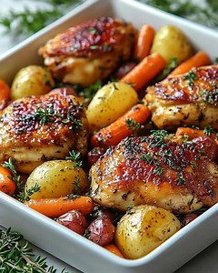 This dish is made by seasoning chicken thighs with salt, pepper, paprika, and thyme, then placing them over baby potatoes and carrots in a baking dish. A honey garlic sauce—made from honey, garlic, soy sauce, Dijon mustard, melted butter, and optional lemon juice—is poured over the chicken and vegetables. Everything is roasted at 200°C (400°F) for 35–45 minutes until the chicken skin becomes golden and crispy and the vegetables are tender. The remaining sauce is brushed on midway through cooking