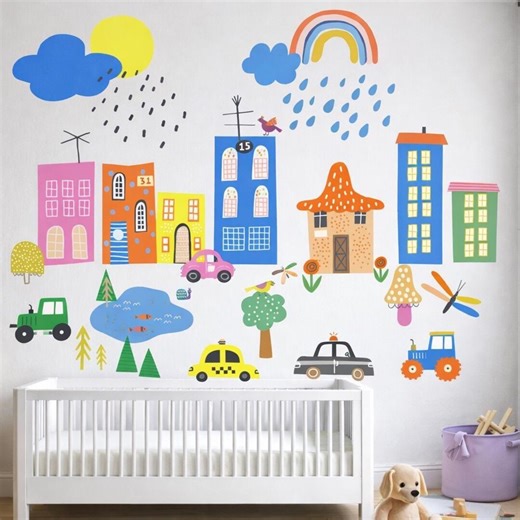 Kids City Wall Decal Set, Colorful Town Wall Decals, Cars Truck Rainbow Nursery Wall Stickers, Playroom Wall Decor, Removable Wall Vinyl - Etsy