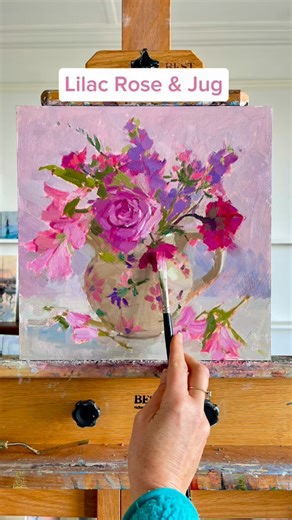 Clare Bowen Artist on Instagram: "Late autumn flowers - a pretty pink & lilac arrangement in an Emma Bridgewater jug. Step by step demo on how I paint these flowers, hope it’s worth a look! 🌸💜 12x12” oil painting on board Sold * #rosemarybrushes #allaprima @emma_bridgewater #richesonart #flowerpainting #stilllifepainting #clarebowenartistflowers"