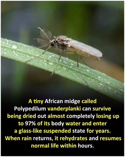 DrNoble Arya on Instagram: "The African midge Polypedilum vanderplanki is one of the few animals capable of true anhydrobiosis survival without water. Its larvae can lose up to 97% of their body moisture and enter a glass-like suspended state in which metabolism nearly stops. In this dried condition they can survive extreme heat, cold, and even the vacuum of space for years. When water returns, the larvae rehydrate, restart their cellular processes, and recover within hours as if nothing happene