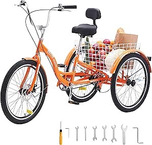 VEVOR Adult Tricycles Bike, 26 Inch Three-Wheeled Bicycles, 3 Wheel Bikes Trikes, Aluminum Alloy Cruiser Bike with Basket & Adjustable Seat, Picnic Shopping Tricycles for Seniors, Women, Men (Orange)