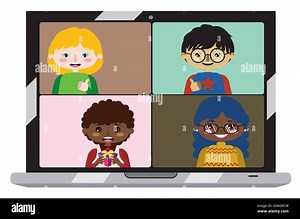 Cartoon boys and girls chatting on laptop screen, distant learning, office chat, communication themed background Stock Vector Image & Art - Alamy