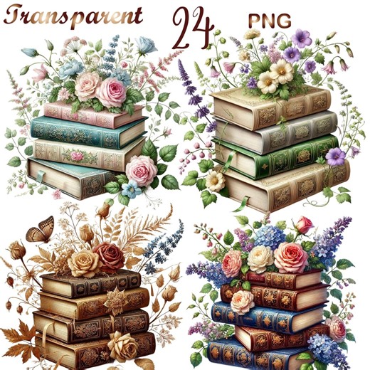 24 PNG Old Floral Books Clipart Bundle, Vintage Books Lover Stacklibrary Clip Art, Books Designs, Digital Download, Unlimited Commercial Use - Etsy