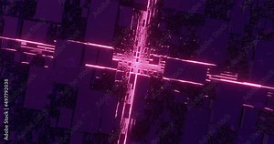Virtual neon city board with digital rain. Cyber matrix with glowing purple energy and 3d render with falling mesh drops. Virtual metropolis database downloading streams of information