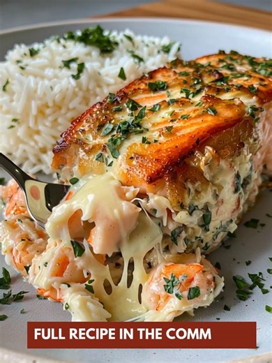 Elegant Crab and Shrimp Stuffed Salmon 🦀🍤 Next-level seafood perfection—your ultimate easy gourmet dinner! 📝 Ingredients : 4 thick salmon fillets (butterflied, premium seafood dinner) Salt & black pepper, to taste 1 tsp paprika (bold flavor boost) 1 tbsp olive oil For the Crab & Shrimp Stuffing: ½ lb shrimp, peeled, deveined & chopped (juicy garlic shrimp) ½ lb lump crab meat (sweet crab filling) 2 tbsp unsalted butter (rich buttery base) 2 cloves garlic, minced (bold garlic flavor) 2 tbsp cr