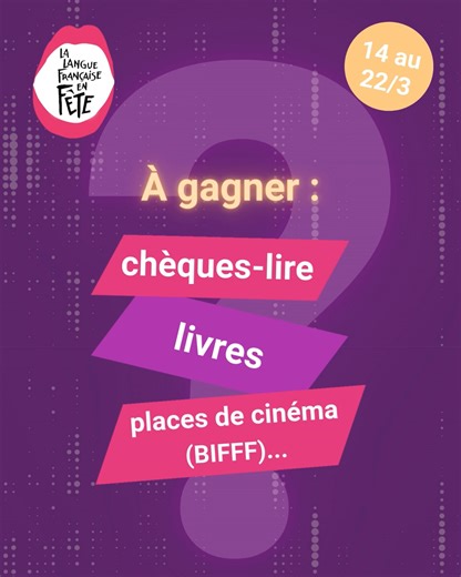 🎁 Concours La Langue française en fête. 🎁 À gagner ; des chèques-livres, des livres, des places de cinéma… Vous avez les réponses aux 3 questions qui se trouvent dans cette vidéo ? Envoyez-les à l’adresse 𝘃𝗱𝗺𝗰𝗼𝗼𝗿𝗱𝗶𝗻𝗮𝘁𝗶𝗼𝗻@𝗴𝗺𝗮𝗶𝗹.𝗰𝗼𝗺 La Langue française en fête se déroule du lundi 9 au Lundi 23 mars. Le programme complet est à découvrir ici : ➡️ https://centrecultureldehuy.be/agenda/la-langue-francaise-en-fete/ | Centre culturel de Huy