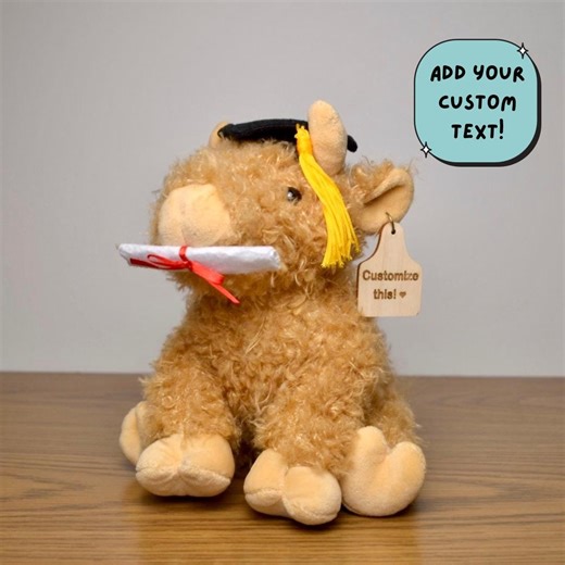 Personalized Graduation Highland Cow Plush With Laser Engraved Wood Tag, Graduation Gifts - Etsy