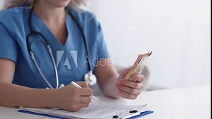 Healthcare billing. Insurance invoice. Clinic expenses. Unrecognizable female doctor counting money Euro banknotes cash filling record.