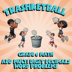 Add Multi Digit Decimals Word Problems TRASHKETBALL Math Game - No Prep Grade 6