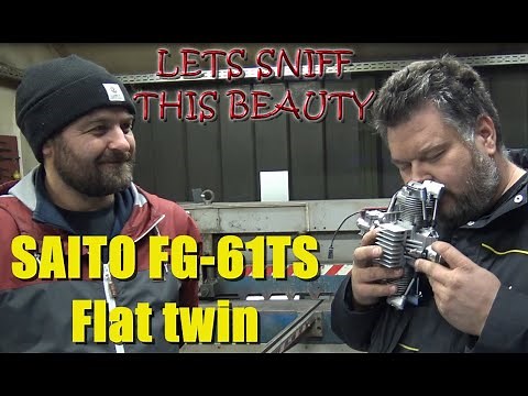 SAITO FG-61TS Flat twin gasoline 4-stroke engine First SNIFF Unboxing & review