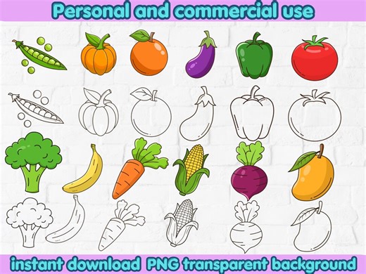 Fruits and Vegetables Clipart Bundle PNG | Colored & Black White | Transparent Background | Instant Download - Etsy