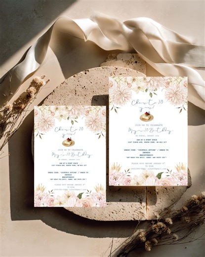 20th Birthday Invitation Template, Elegant Floral Invite, Cheers to 20 Years Editable Canva Card - Etsy