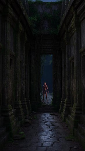 A female warrior fuses with a mystical arachnid entity in an ancient jungle temple during storm dusk, erupting with violet plasma energy that triggers block-level devastation and collapsing structures in a hyper-real cinematic transformation.