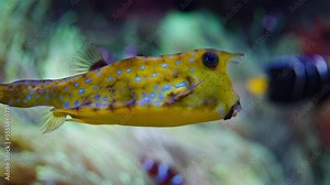 Longhorn cowfish (Lactoria cornuta), Or Horned Boxfish Swimming in Aquarium Close-up Tracking
