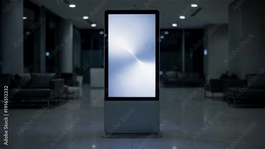 Selfservice kiosk illuminated softly in a quiet latenight lobby digital wayfinding interface in crisp focus with empty seating fading into the background.