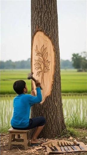 Amazing Tree Carving Art in Village 🌳✨ #woodcarving #treeart