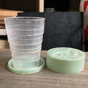 Holy Water Lourdes Expandable Plastic Cup - light green. Excellent Vintage Cup!