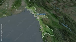 Mon - state of Myanmar with its capital zoomed on the satellite map of the globe. Animation 3D