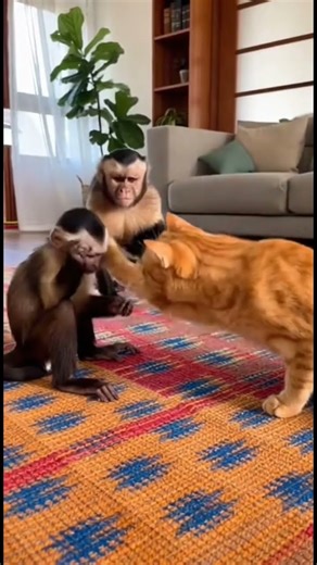 Cat Smacks Baby Monkey Untill Mama Walks In #catandmonkey petfight #survivalmode