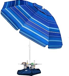 OutdoorMaster Beach Umbrellas with Sandbag & Anchor with 4 Cup Holder, 6.5ft Adjustable Umbrella for Beach Heavy Duty Wind, Portable UPF50+ Sunshade with Carry Bag for Patio,Dark Blue with Cup Holder