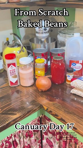 DIY canned baked beans. This recipe is a little more involved, but makes wonderful shelf stable, ready-to-eat baked beans for .67 cents per pint. We canned 24 pints in total, which saved us $35.28 cents over buying name brand! Recipe 4 lbs navy beans 3 slices bacon 2 qts tomato juice 1 qt tomato sauce 1 cup onion chopped 2 cups brown sugar 1/2 cup molasses 2 tbsp apple cider vinegar 1 tsp allspice 2 tsp ground mustard 1 tsp salt 2 tsp black pepper Cover beans and bring to a boil. Remove from hea