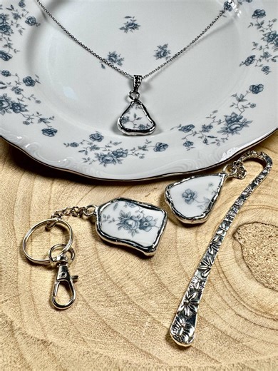 Broken China Vintage Pottery Necklace, Bookmark, or Keychain - Blue Garland Bavaria by Johann Haviland - Etsy Canada