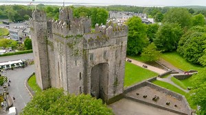Bunratty Castle, aerial view of the large 15th-century tower house in County Clare, located in the center of Bunratty village, between Limerick and Ennis, Ireland.