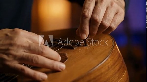 Detailed shot of artisan's hands carefully tuning and adjusting the strings of an oud for a traditional music craftsmanship concept and cultural art