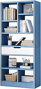 IOTXY Wooden Open Shelf Bookcase - 61" Height Freestanding Display Storage Cabinet Organizer with 8 Cubes and a Drawer, Floor Standing Bookshelf, Blue