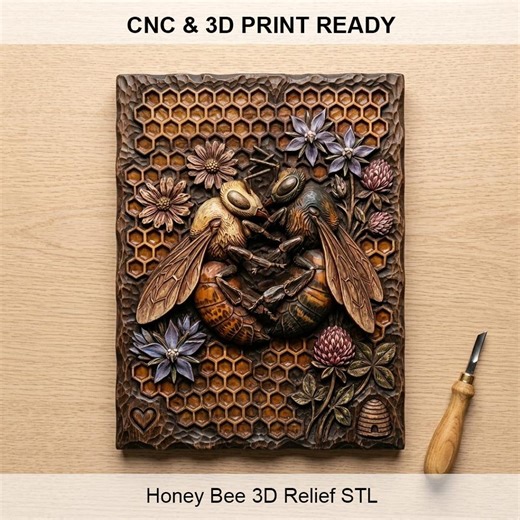 Honey Bee STL File | Bee Hive CNC Relief | Floral Bee Wall Art STL | Wood Carving Model | 3D Printer & Cnc Router - Etsy