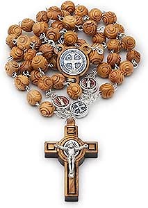 Mondo Cattolico Rosary Beads Prayer, Olive Wood Rosary with Enamel Centerpiece Medal of St. Benedict - Perfect Catholic gifts Religious
