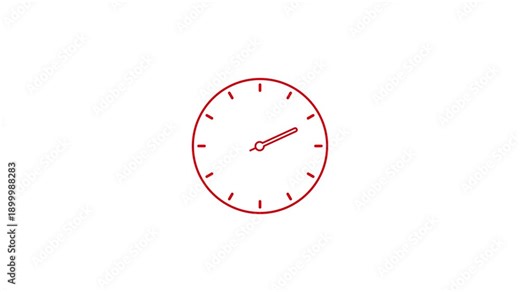 Simple red clock face icon with hands pointing to ten past two, symbolizing time, punctuality, and deadlines on a clean white background.